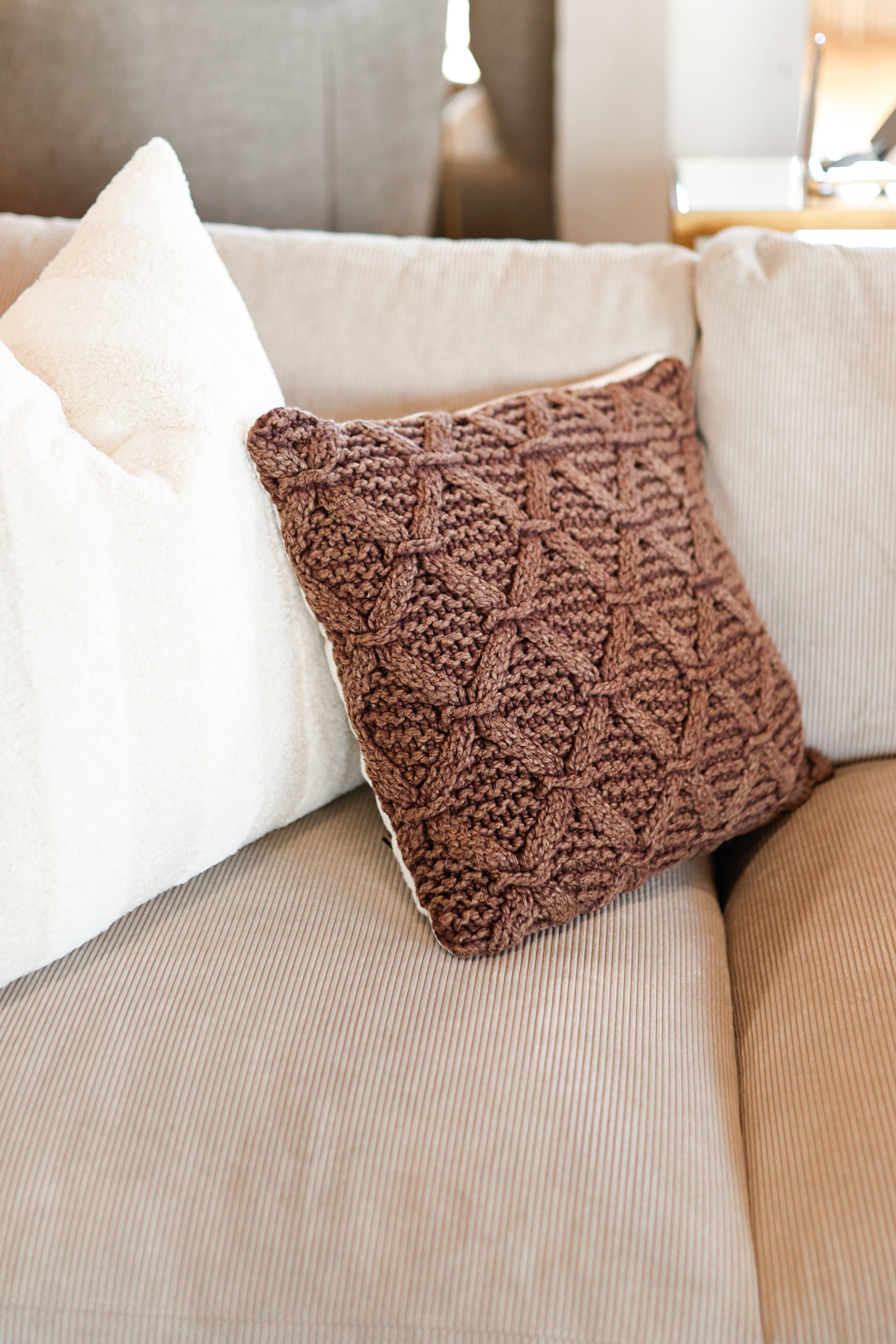 Cotton Slub Pillow w/ Diamond Pattern, Polyester Fill