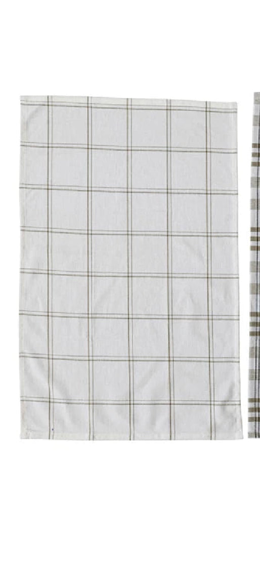 Stonewashed Cotton Tea Towel w/ Grid/Plaid Pattern, White & Green, 2 Styles