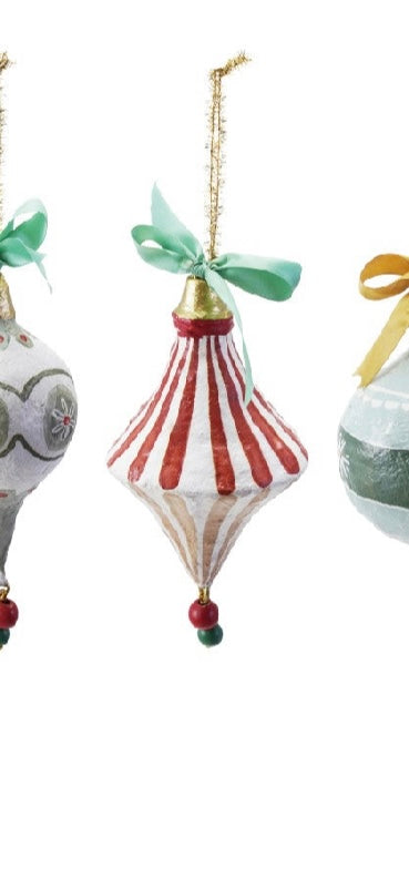 Hand-Painted Paper Mache Ornament with Bow & Design, 5 Styles ©