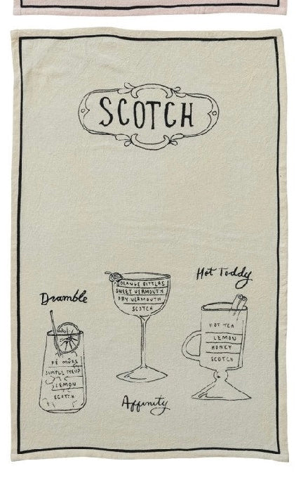 Linen Blend Tea Towel with Cocktail Recipes & Art, 6 Styles