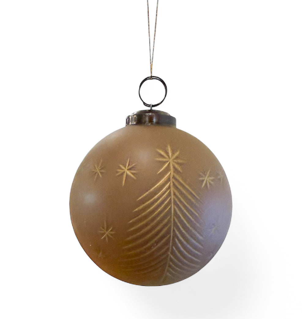 Hand-Painted Glass Ball Ornament with Etched Trees & Stars - Small