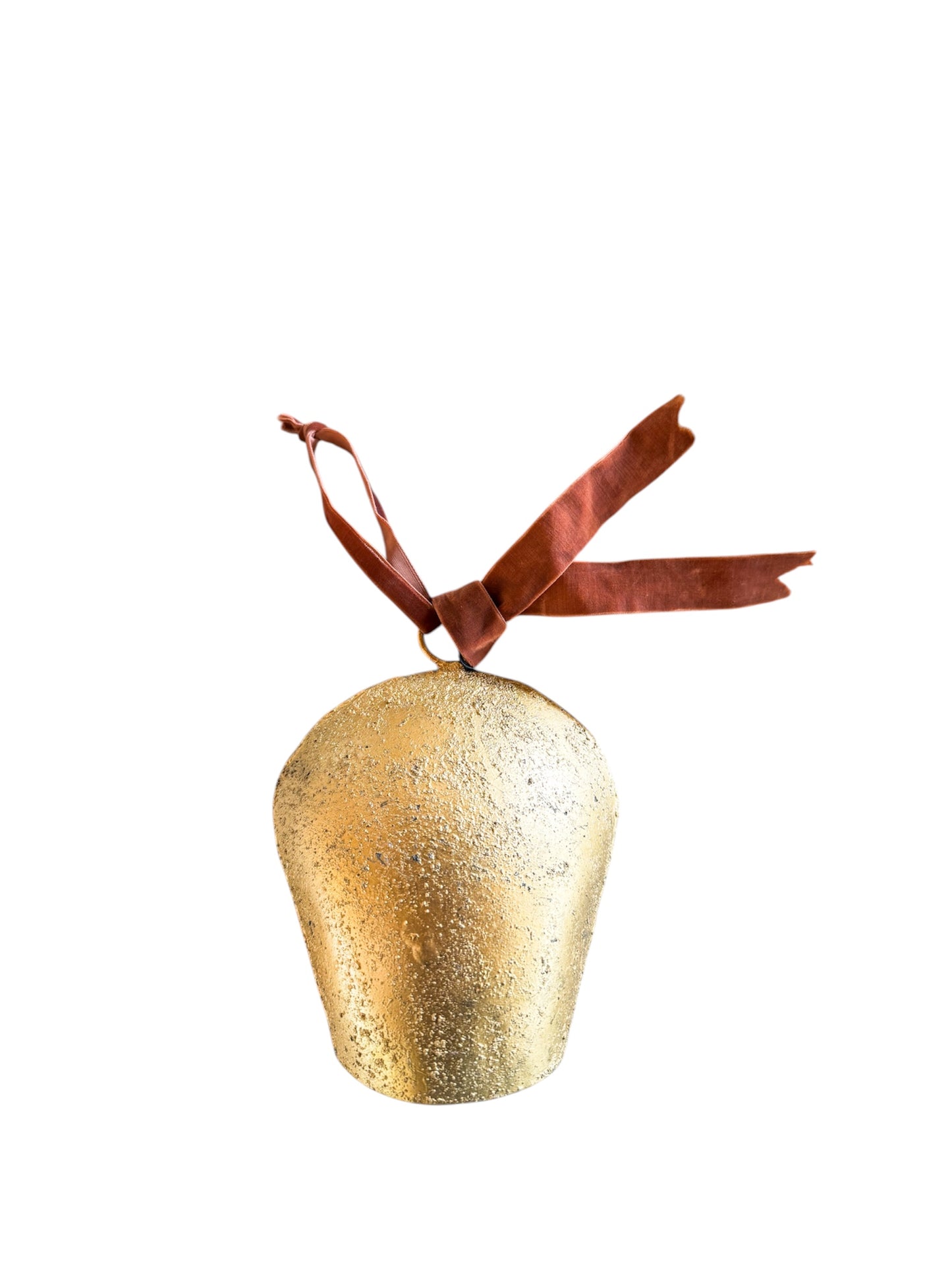 Metal Bell Ornament with Velvet Ribbon, Antique Gold Finish