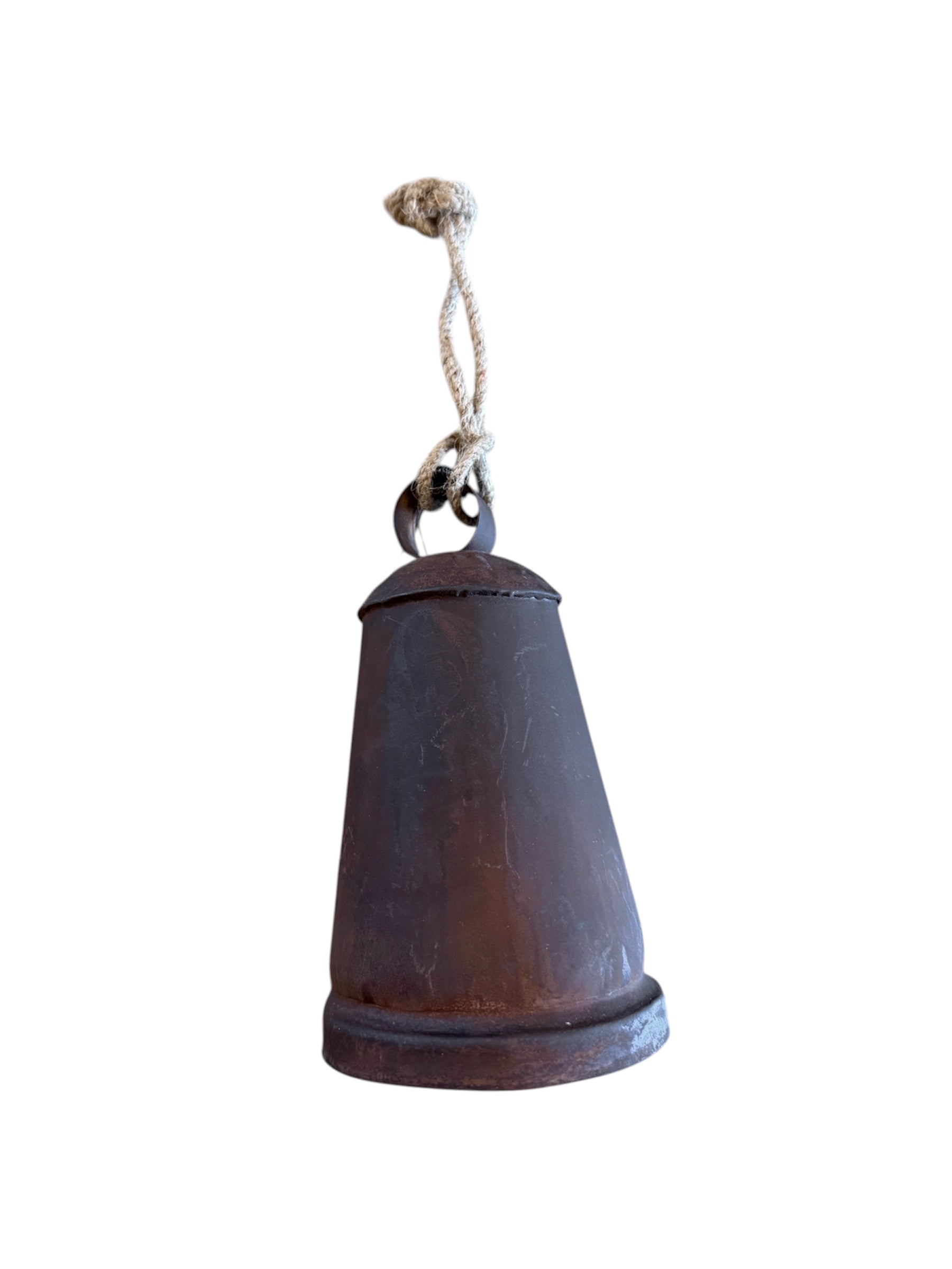 Medium- Metal Bell Ornament with Jute Hanger, Distressed Rust Finish 6.5"