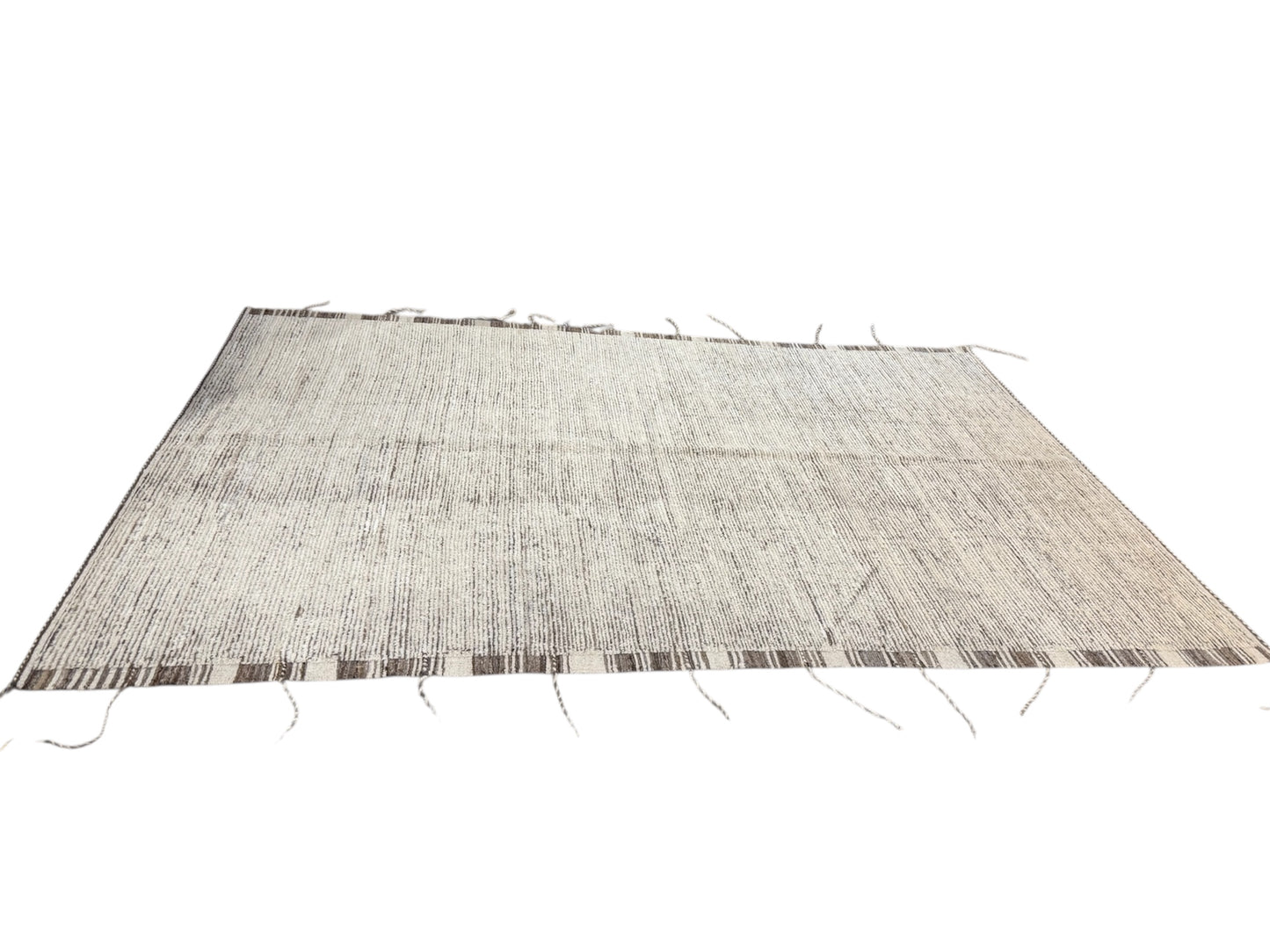 Modern Neutral/Stripe Moroccan Turkish Rug with Tassels
