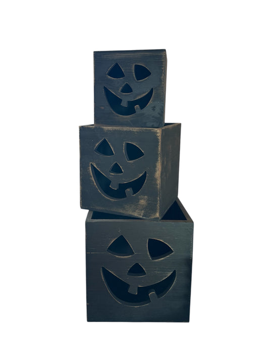 (Set of 3) Wooden Jack-O-Lantern Boxes