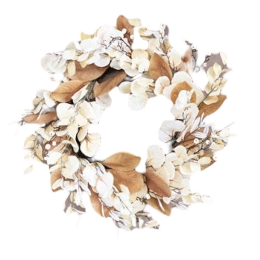 Faux Magnolia and Eucalyptus Wreath with Leaves and Mini Pumpkins