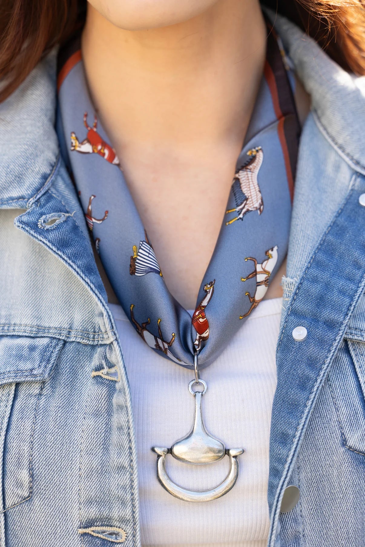 Blue Horse Blanket Silk Scarf Tie with Silver Bit Charm