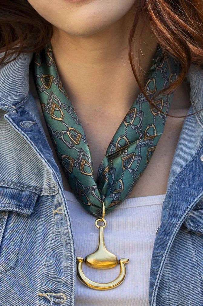 Green Stirrup Silk Scarf Tie with Gold Bit Charm
