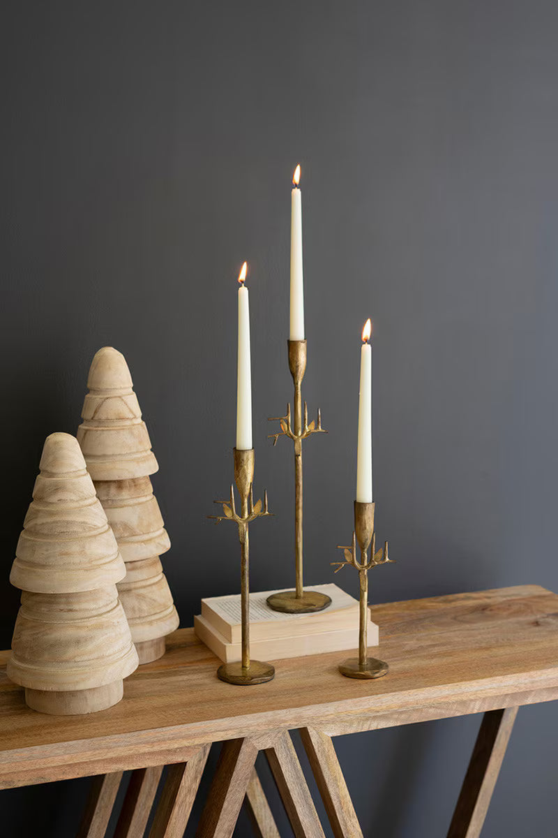 SET OF THREE FORGED-IRON DEER ANTIQUE GOLD TAPER CANDLE HOLDERS