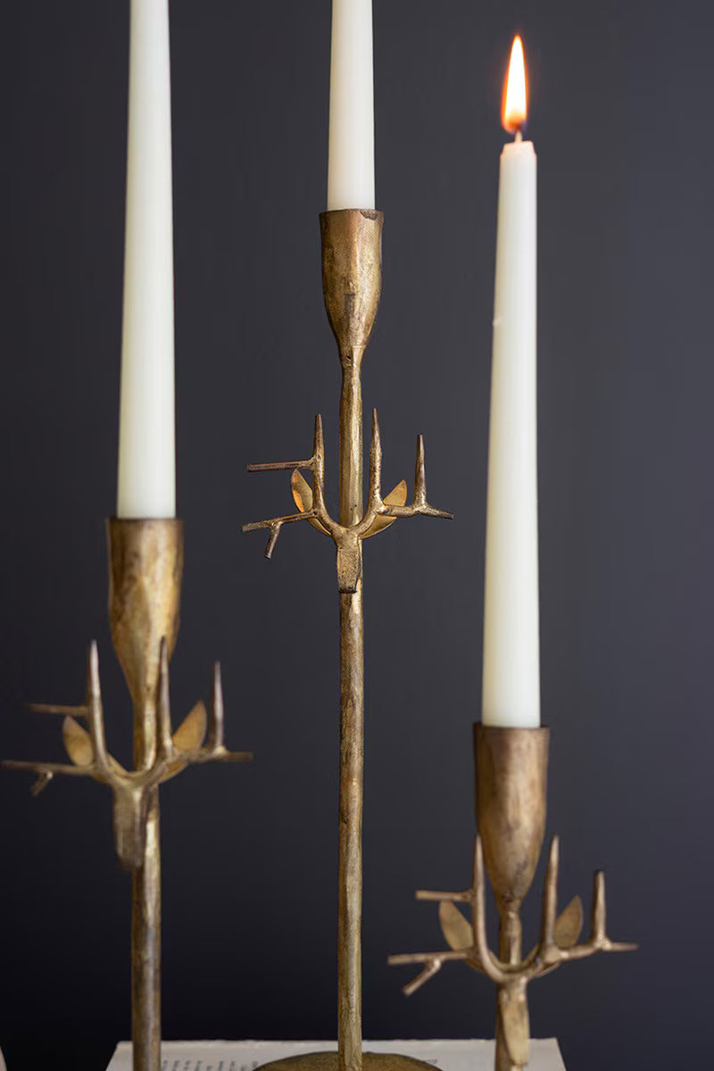 SET OF THREE FORGED-IRON DEER ANTIQUE GOLD TAPER CANDLE HOLDERS