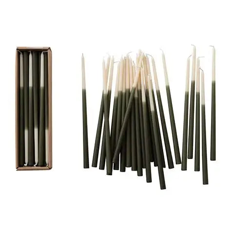 Unscented Two-Tone Thin Taper Candles in Box, Cream & Olive Color, Set of 24