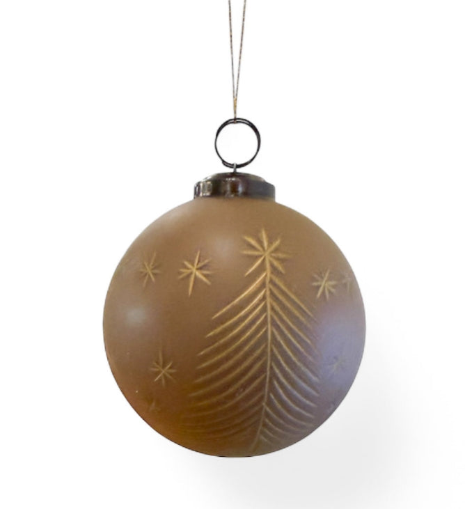 Hand-Painted Glass Ball Ornament with Etched Trees & Stars (SET OF 4)