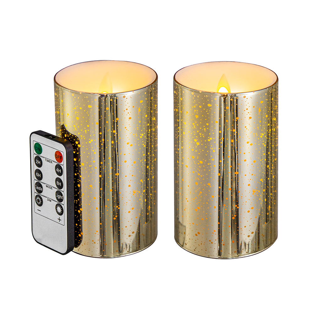Speckled Gold Glass LED Candle w/ Remote - Set of 2