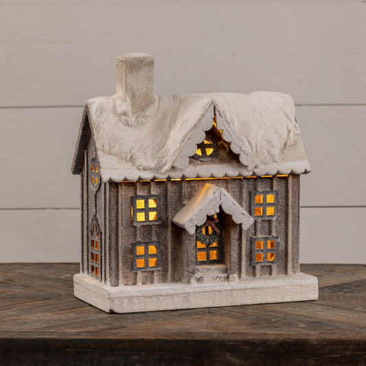 13.5" SNOWY LIGHTED WOOD HOUSE