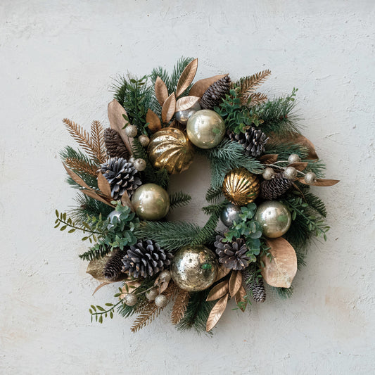 20" Round Faux Wreath w/ Gold Ornaments