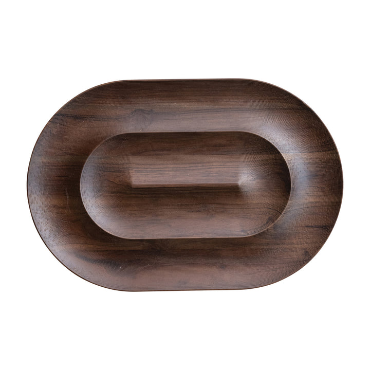 Oval Mango Wood Serving Dish with 2 Sections, Walnut Finish
