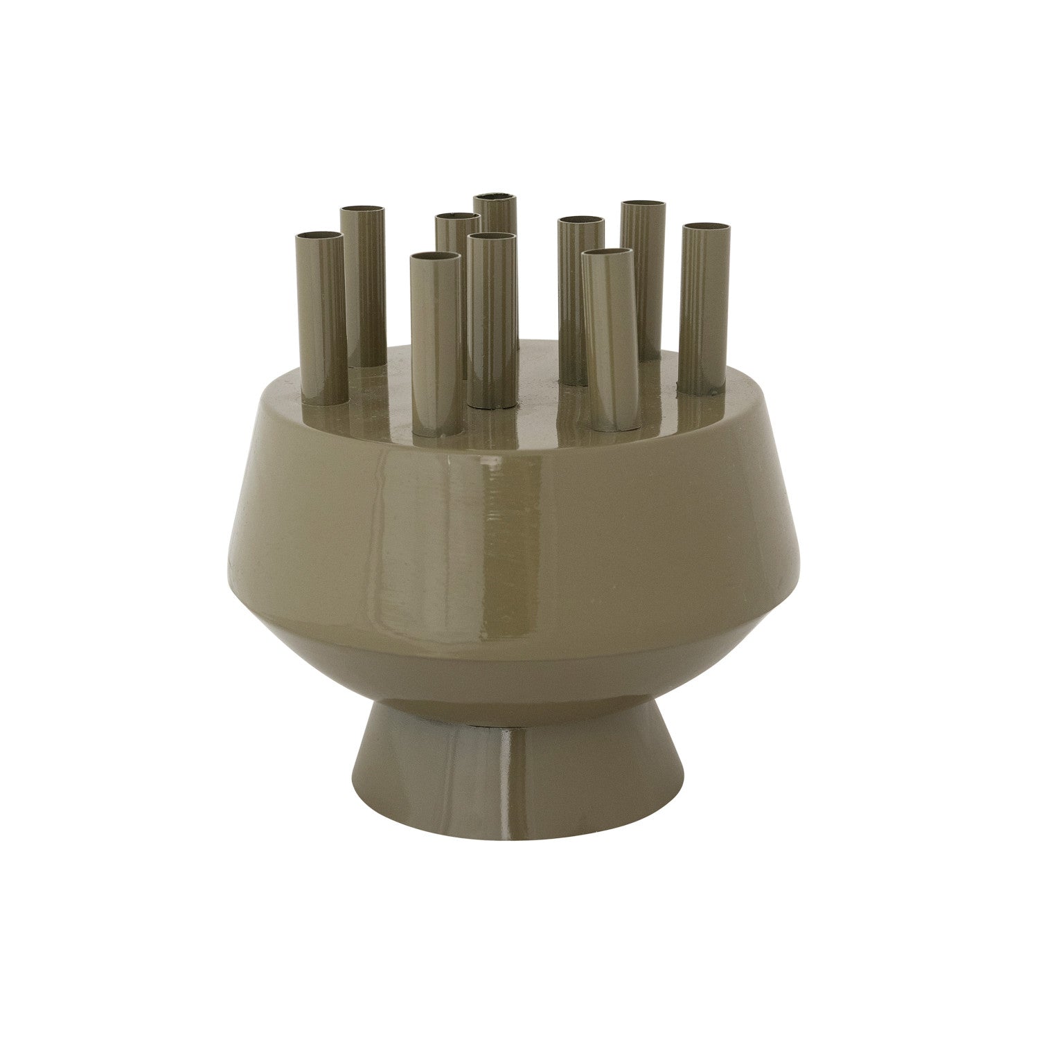 Enameled Metal Footed Multi-Stem Flower Vase with Removable Frog Lid & 10 Openings