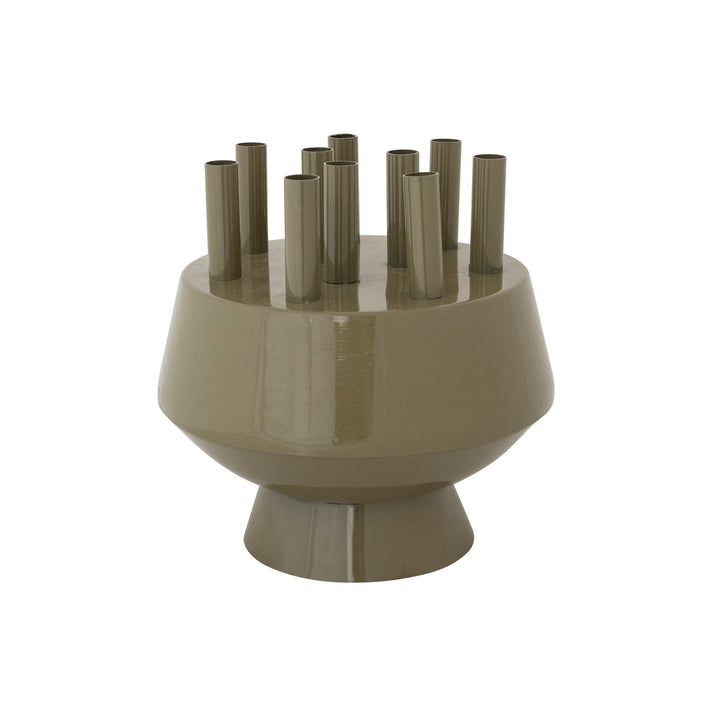 Enameled Metal Footed Multi-Stem Flower Vase with Removable Frog Lid & 10 Openings