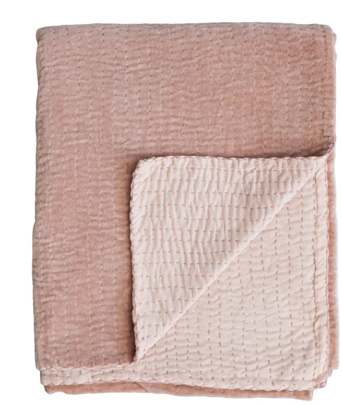 Cotton Velvet Throw w/ Kantha Stitch; Blush