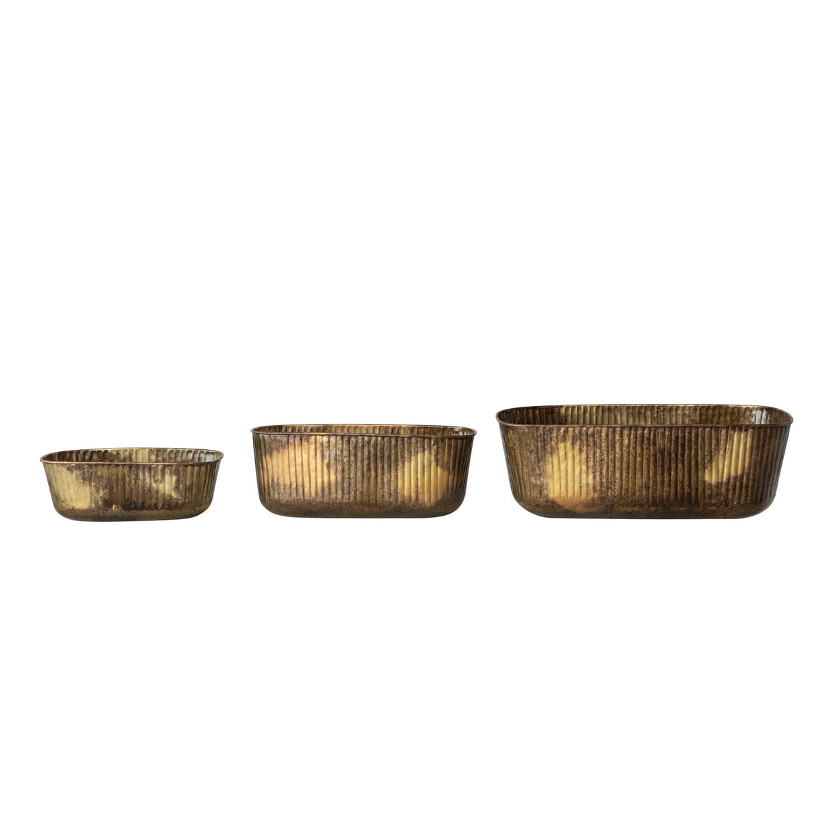 Metal Pleated Planters, Antique Brass Finish, Set of 3