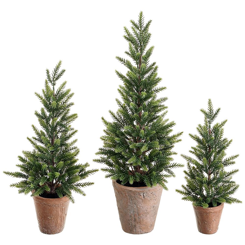 14"-22" Pine Tree in Cement Pot (set of 3) Green