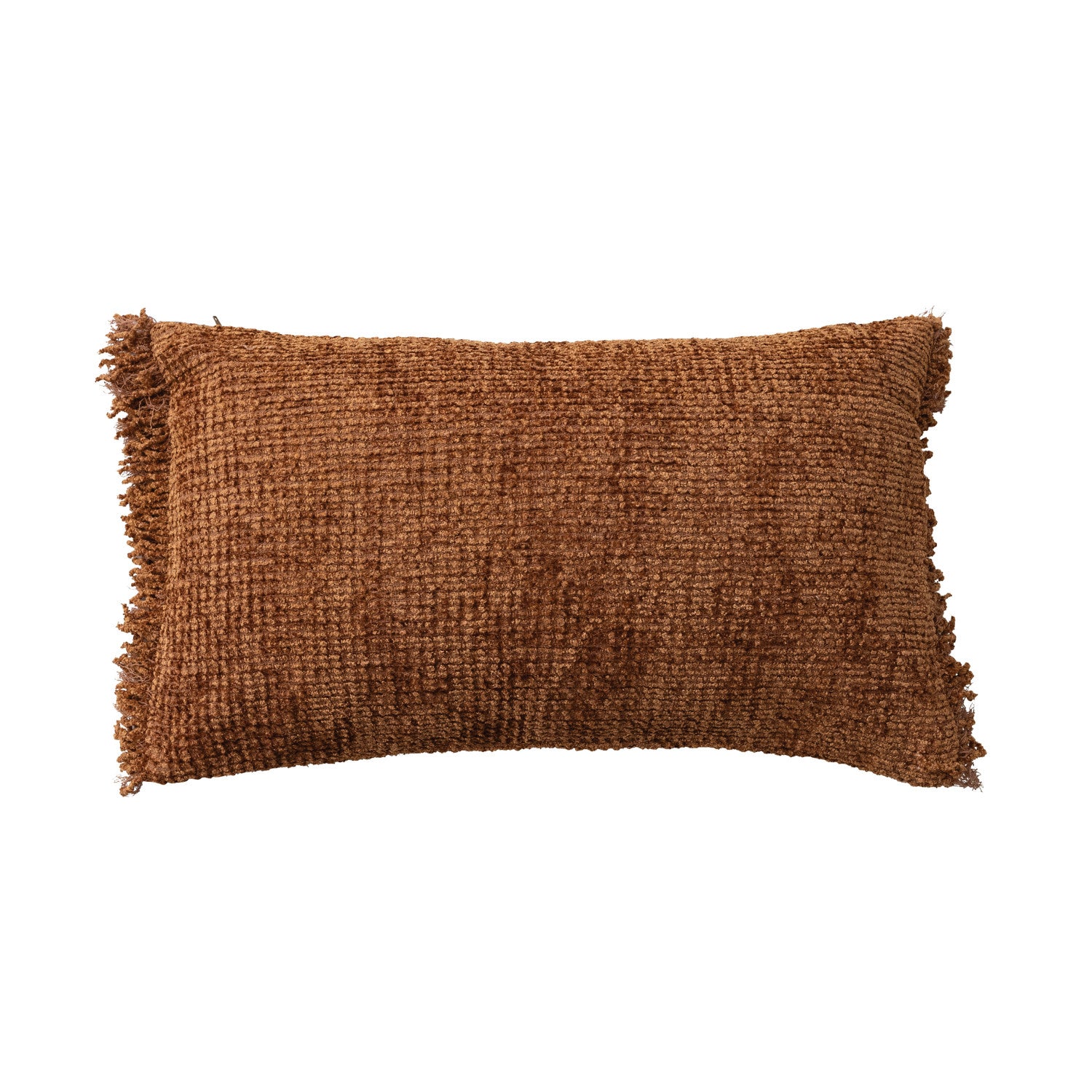 Woven Cotton Blend Chenille Lumbar Pillow with Eyelash Fringe, Camel Color