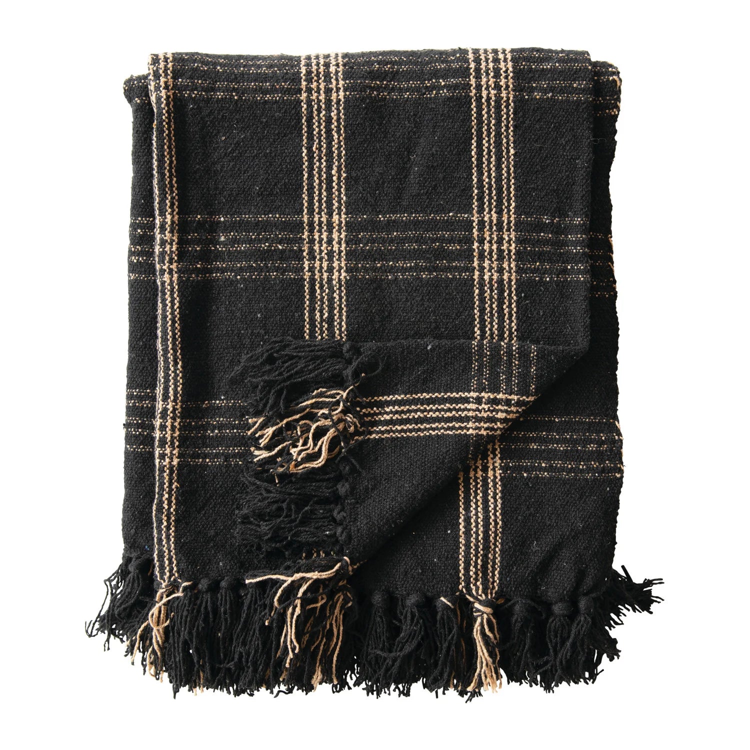 Woven Cotton Black and Brown Plaid Throw with Fringe