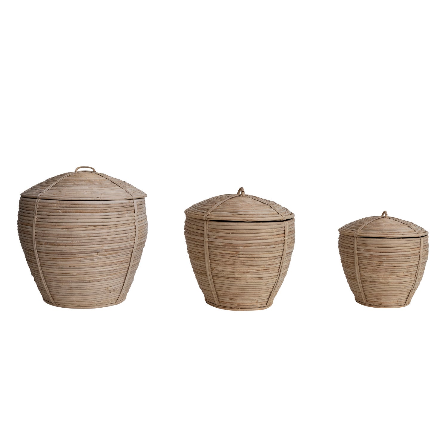 Handmade Rattan Baskets w/ Lids, Natural, Set of 3