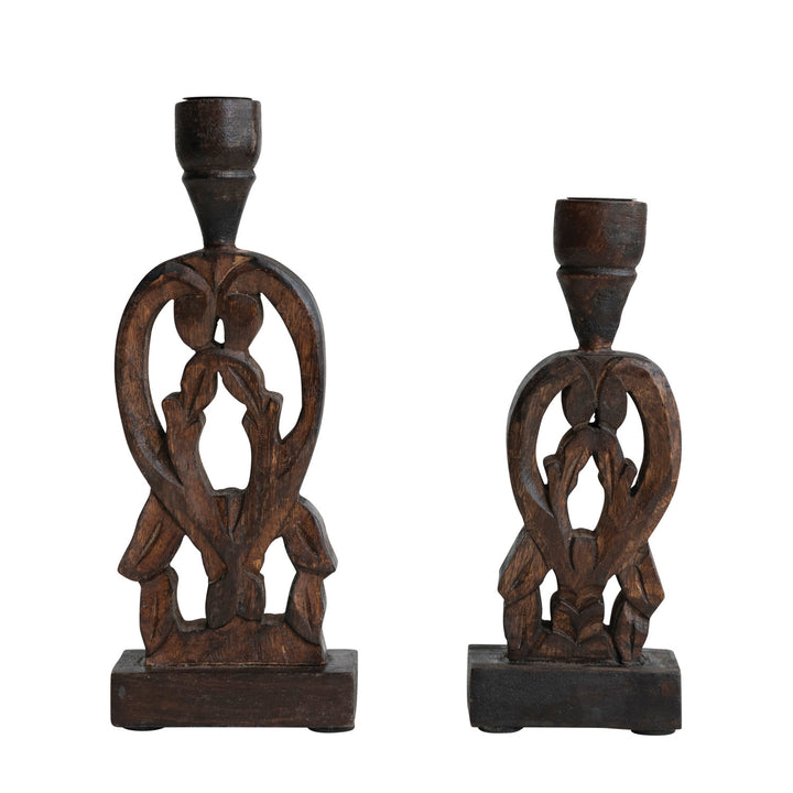 Hand-Carved Mango Wood Taper Holders, Walnut Finish, Set of 2