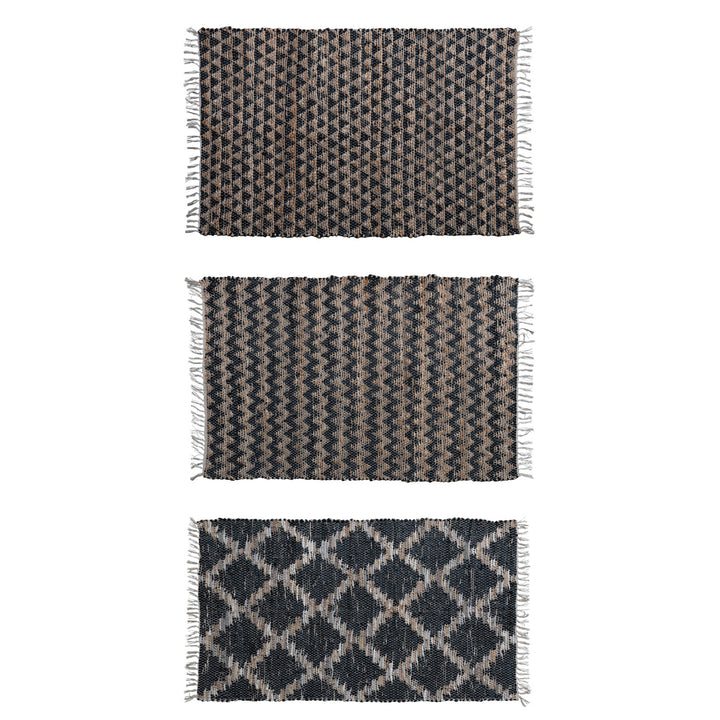 3' x 5' Woven Cotton Chindi & Leather Rug w/ Pattern & Fringe, Black & Natural, 3 Styles