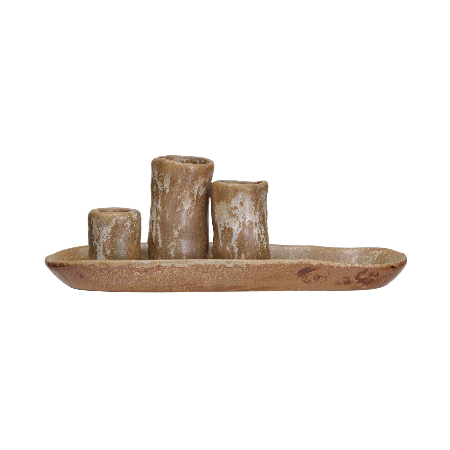 2 Stoneware Vases & Candle Holder on Tray, Reactive Glaze (Each One Will Vary)