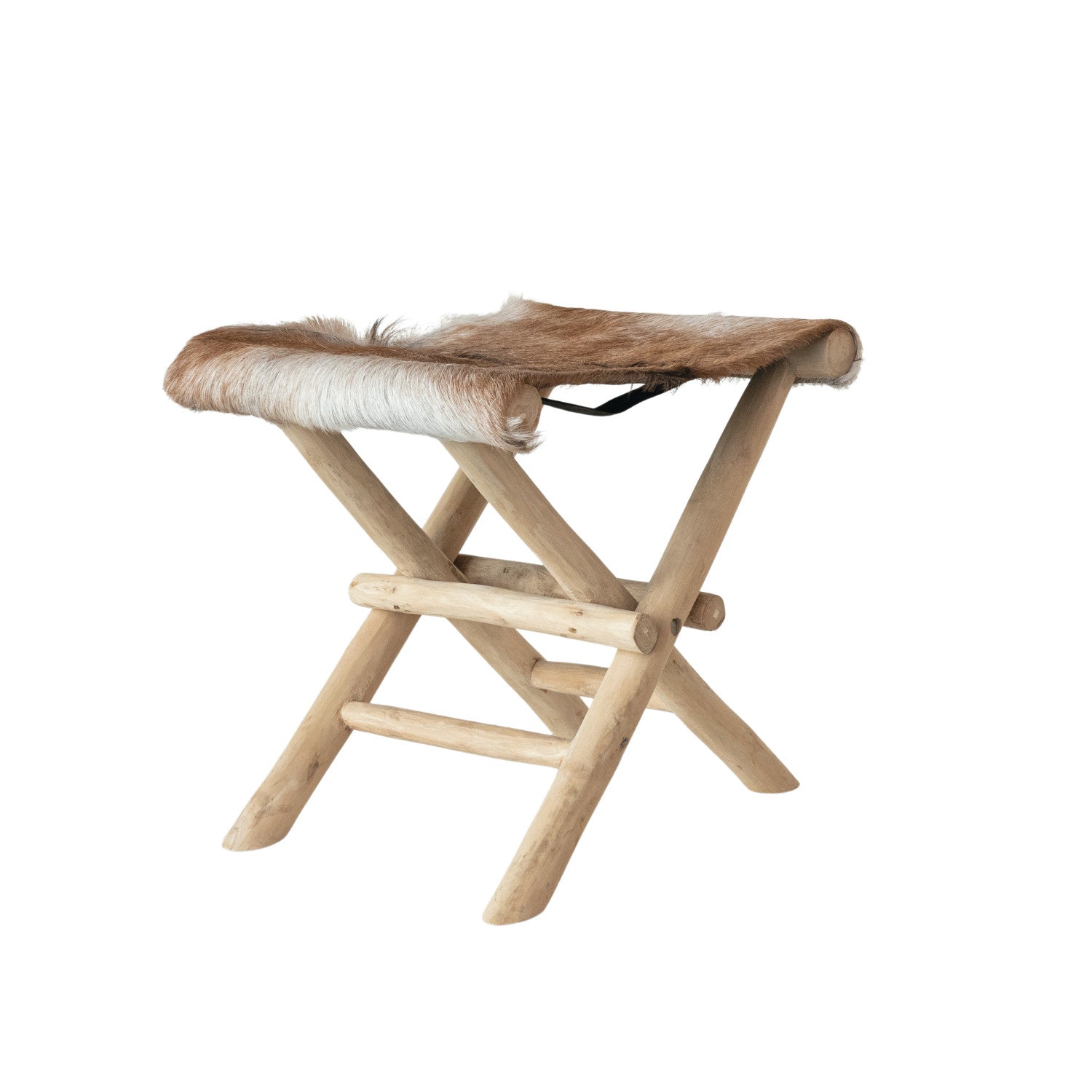 Teakwood & Goat Fur Folding Stool (Each One Will Vary)
