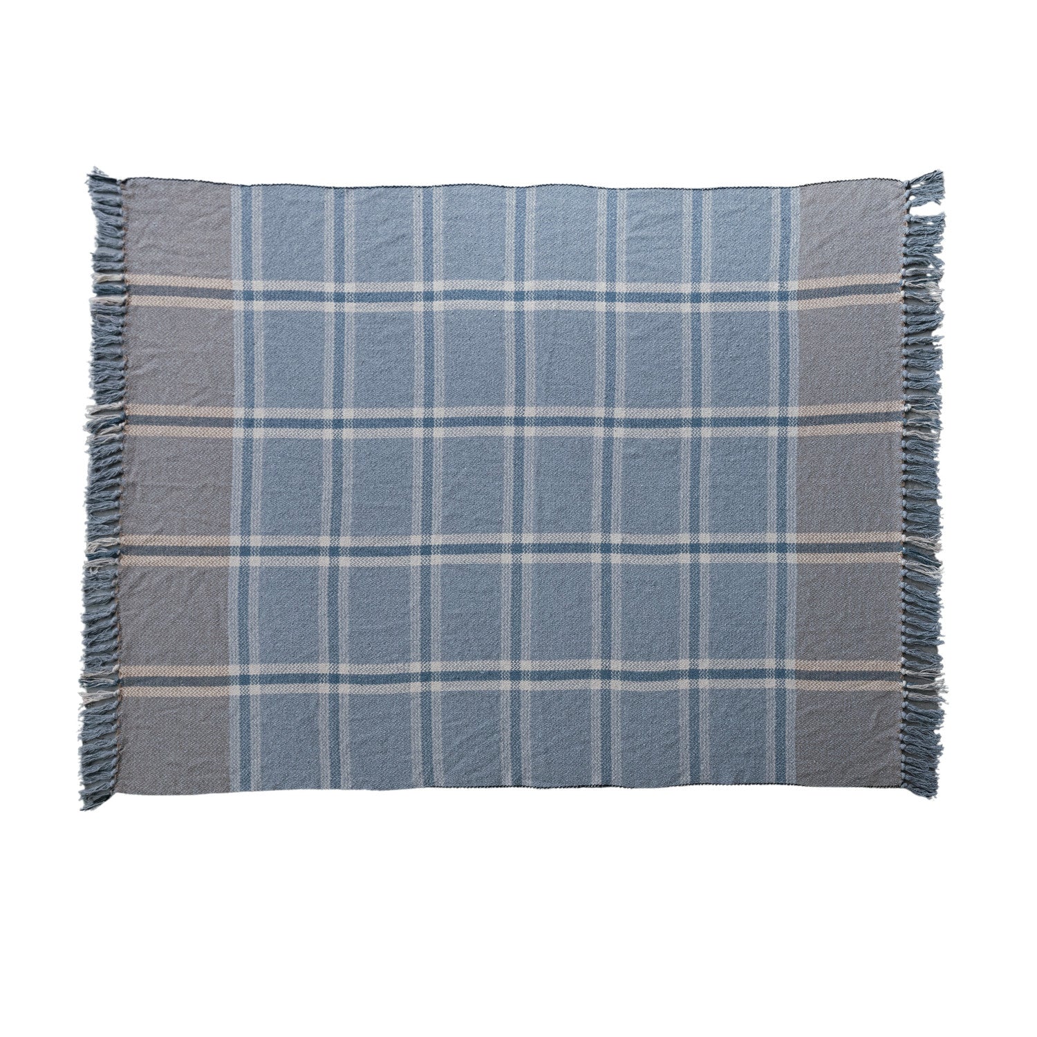 Blue Woven Recycled Cotton Blend Throw w/ Fringe