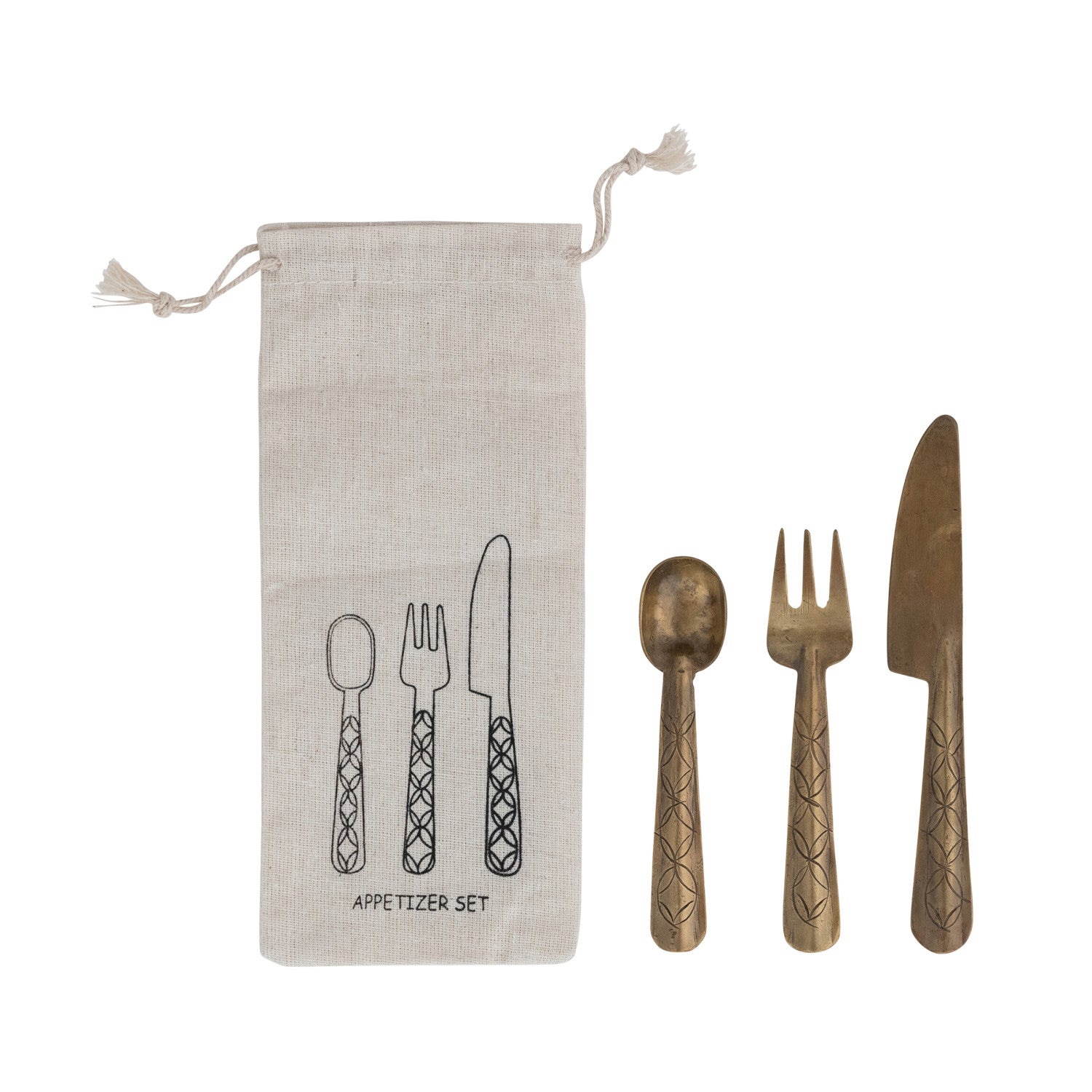 Hand-Forged Brass Appetizer Utensils, Set of 3 in Drawstring Bag
