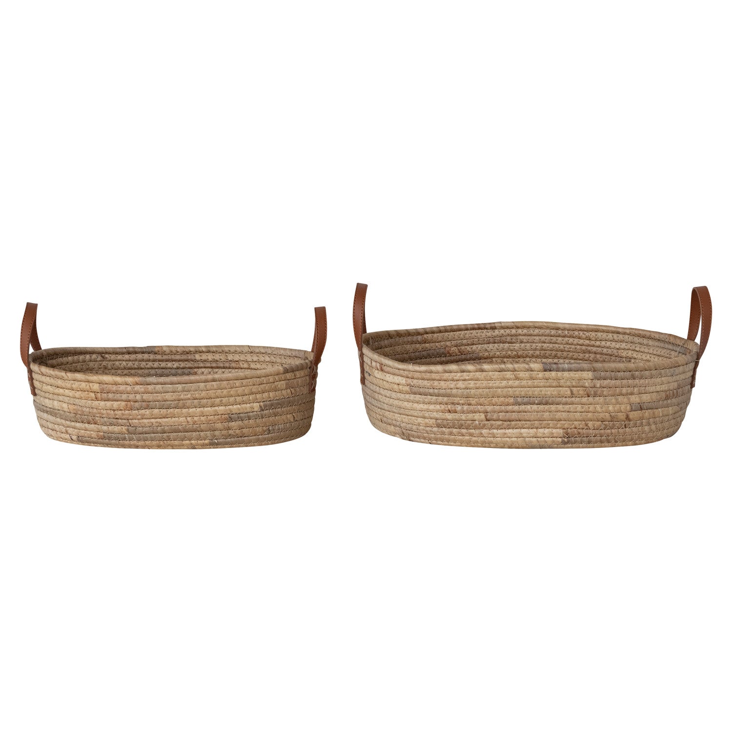 Hand-Woven Seagrass & Water Hyacinth Baskets with Faux Leather Handles, Natural, Set of 2
