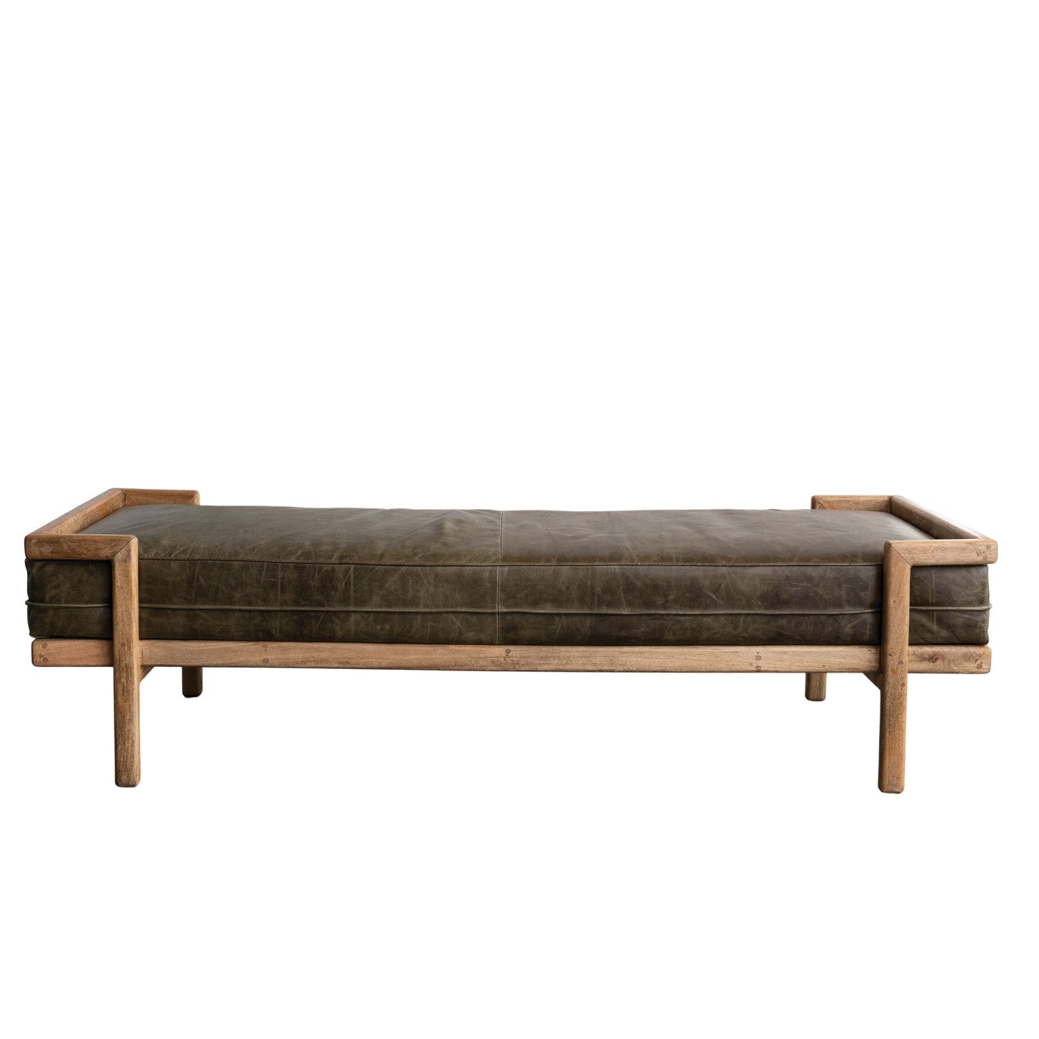 Mango Wood Day Bed/Bench with Removable Distressed Leather Cushion, Natural & Olive Color
