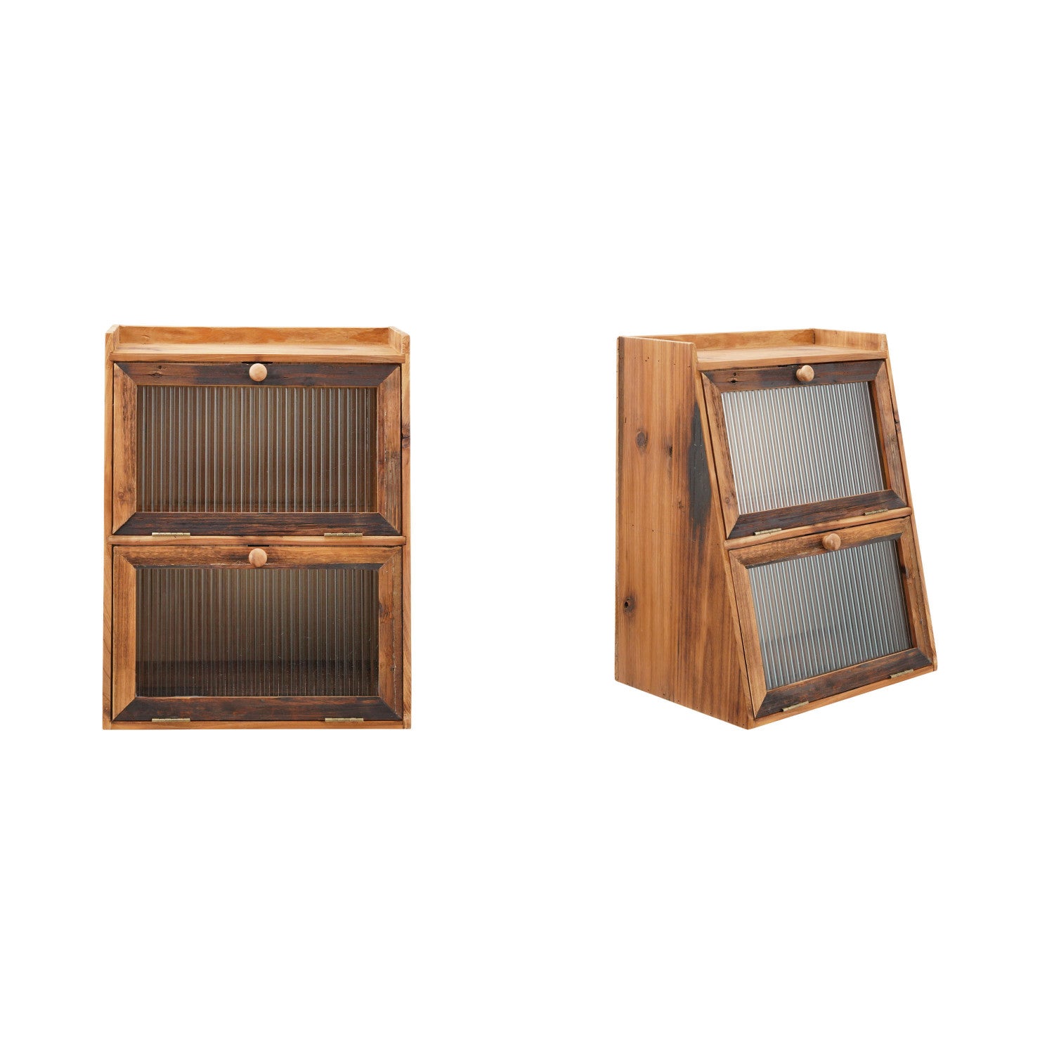 Wood Wall Cabinet or Bread Box with 2 Fluted Glass Doors & 1 Shelf (Hangs or Sits)