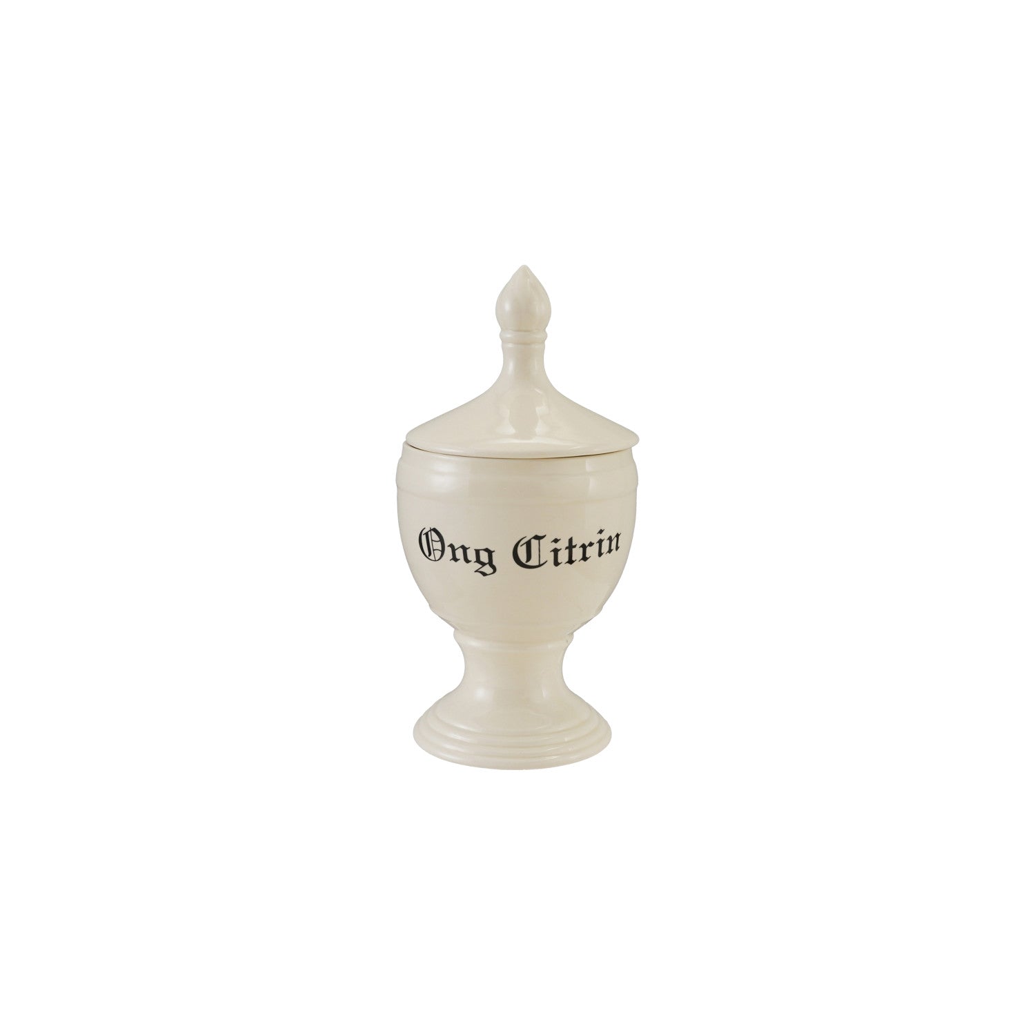 Stoneware Vintage Reproduction Apothecary Canister "Ong Citrin", Cream Color & Black