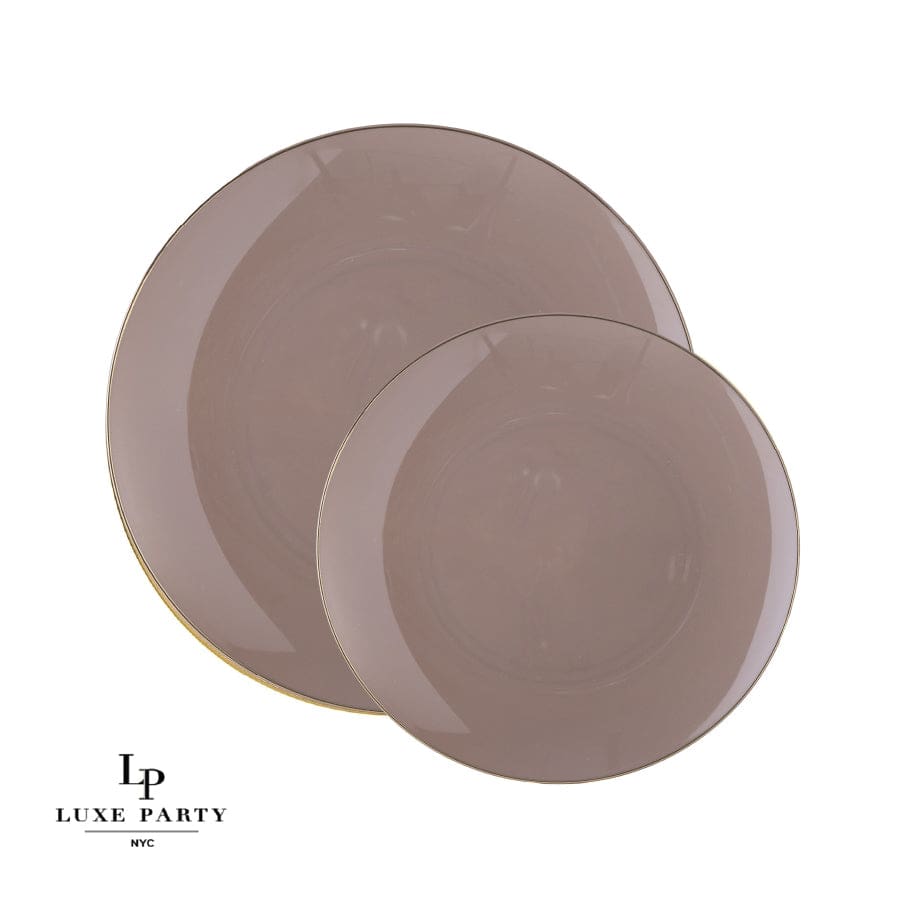 Round Taupe • Gold Plastic Plates | 10 Pack