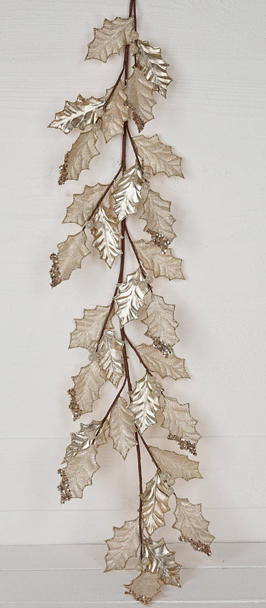 4' Garland-Metallic and Sugared Holly Leaves