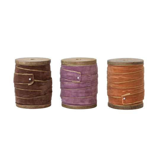 5 Yard Velvet Ribbon with Metallic Edges on Wood Spool, 3 Colors