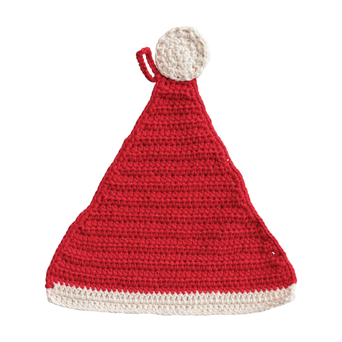 Cotton Crocheted Santa Hat Shaped Pot Holder, Red & Natural