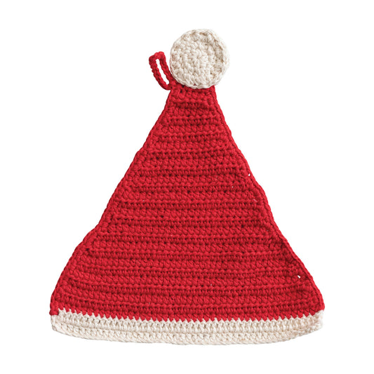 Cotton Crocheted Santa Hat Shaped Pot Holder, Red & Natural