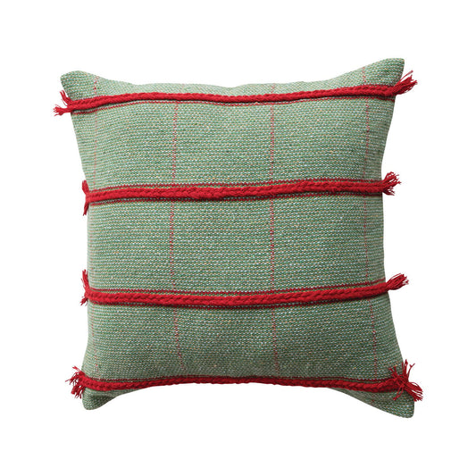 20" Square Pillow with Braided Embroidery, Grid Pattern & Fringe