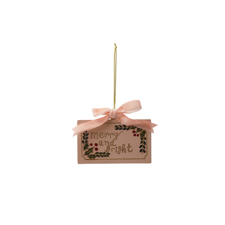 4"L Wood Ornament with Velvet Bow "Merry and Bright", Multi Color ©