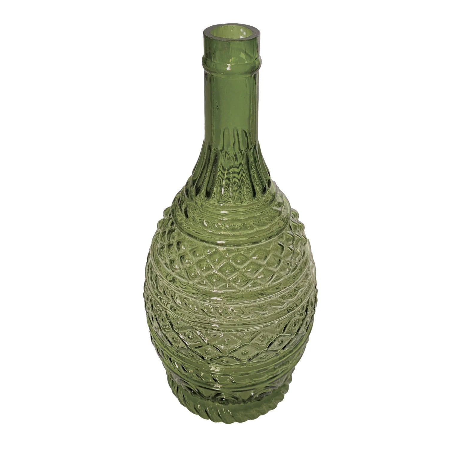 Hand-Blown Embossed Glass Vase, Green