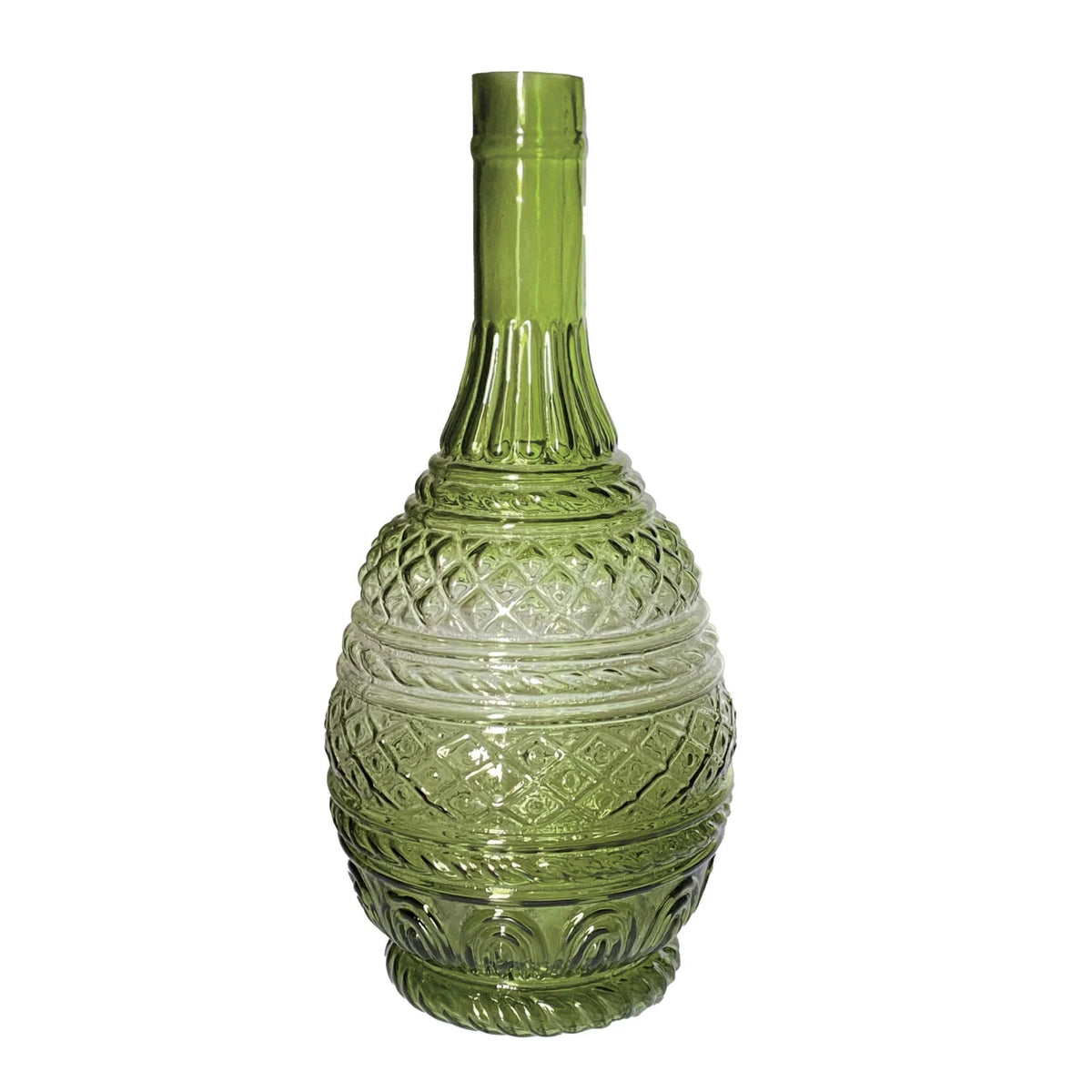 Hand-Blown Embossed Glass Vase, Green