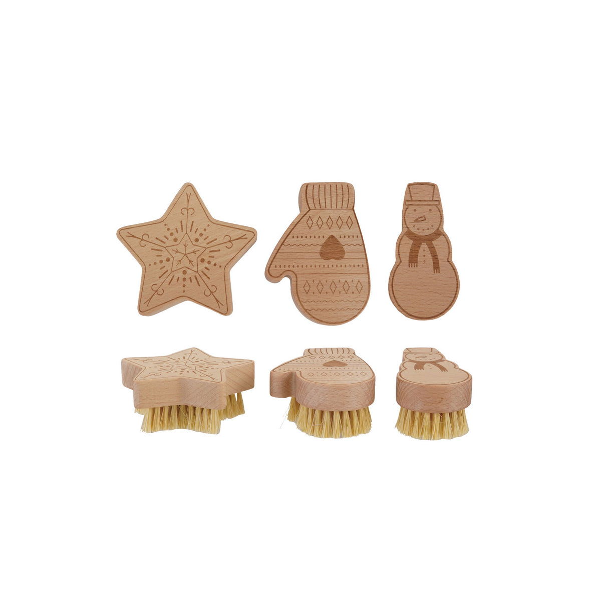 Laser Etched Beech Wood & Sisal Holiday Shaped Dish Brush, Natural, 3 Styles
