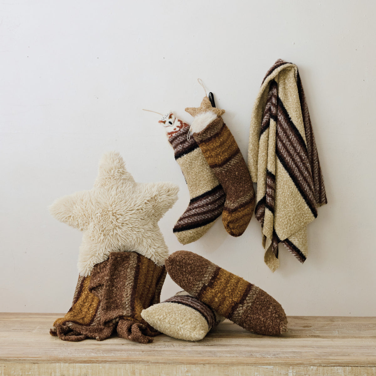 Fabric Faux Sherpa Throw with Stripes, Black & Grey