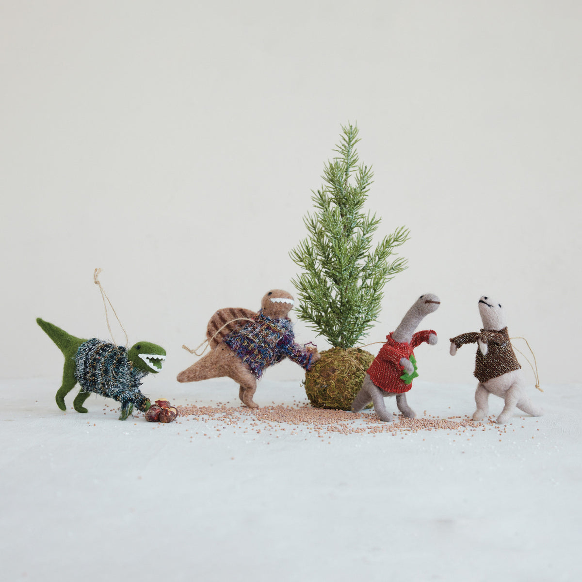 Wool Felt Dinosaur in Sweater Ornament, 4 Styles